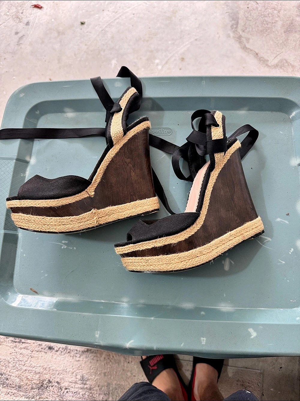 Madison by Sam Edelman Black & Brown Ribbon Tie Espadrille Wedges